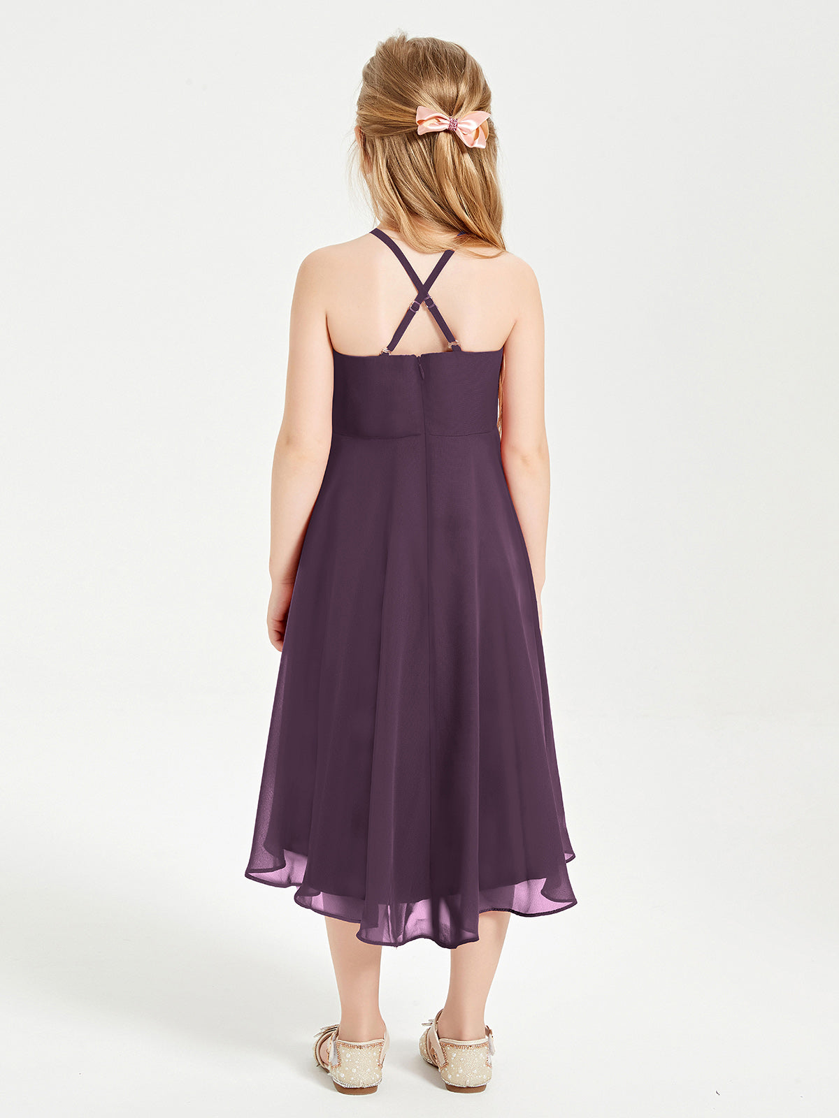 Tea Length Junior Bridesmaid Dresses with Asymmetrical Skirts Plum